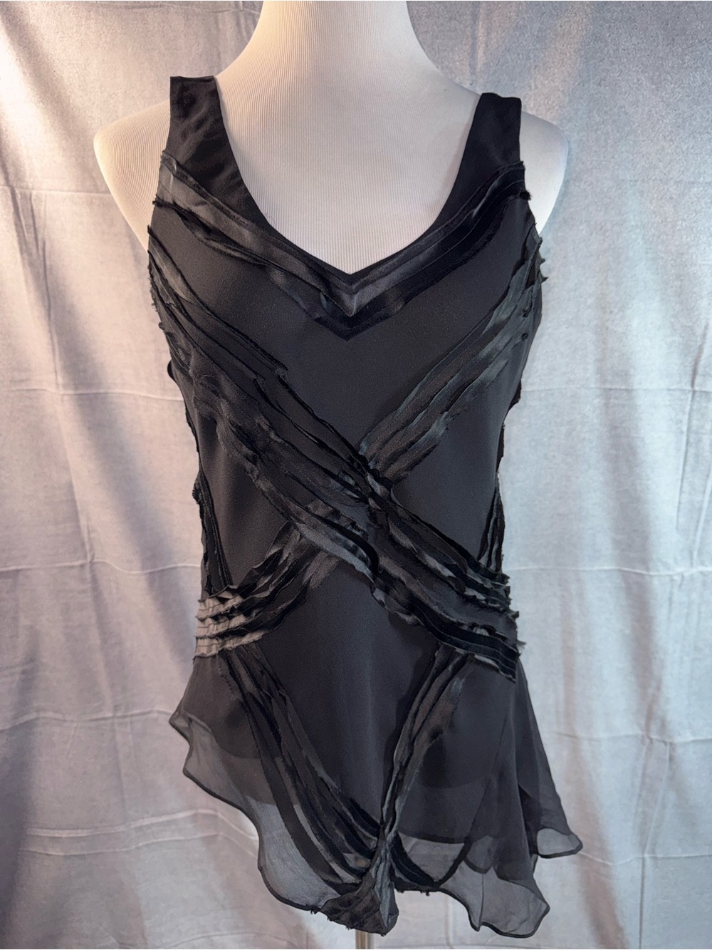 2216-Ideology Black Silk Sheer Layered V-Neck Sleeveless Tank